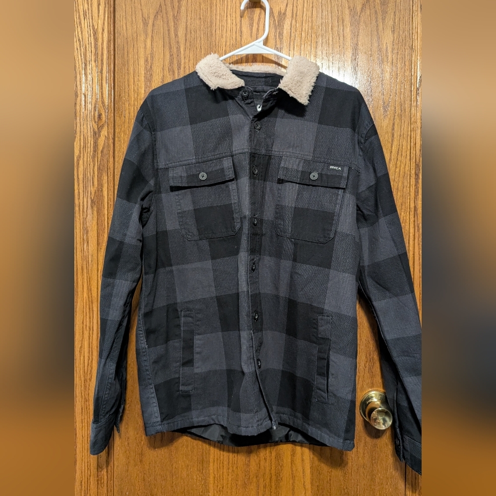 RVCA Men's Black and Gray Checkered Jacket with Cream Collar